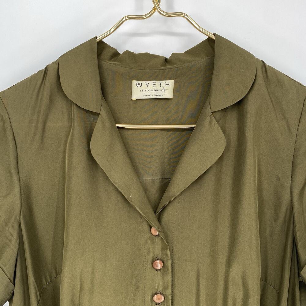 Wyeth by Todd Magil Green Silk Pleated Short Sleeve Dress Women's Size M - Picture 7 of 9